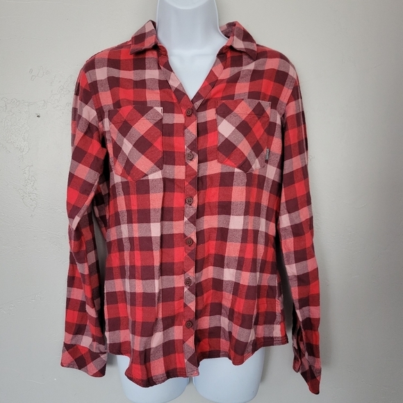 Columbia Women's Small Flannel Red Pink Plaid Long Sleeve V-neck Button Up Shirt - Picture 1 of 6